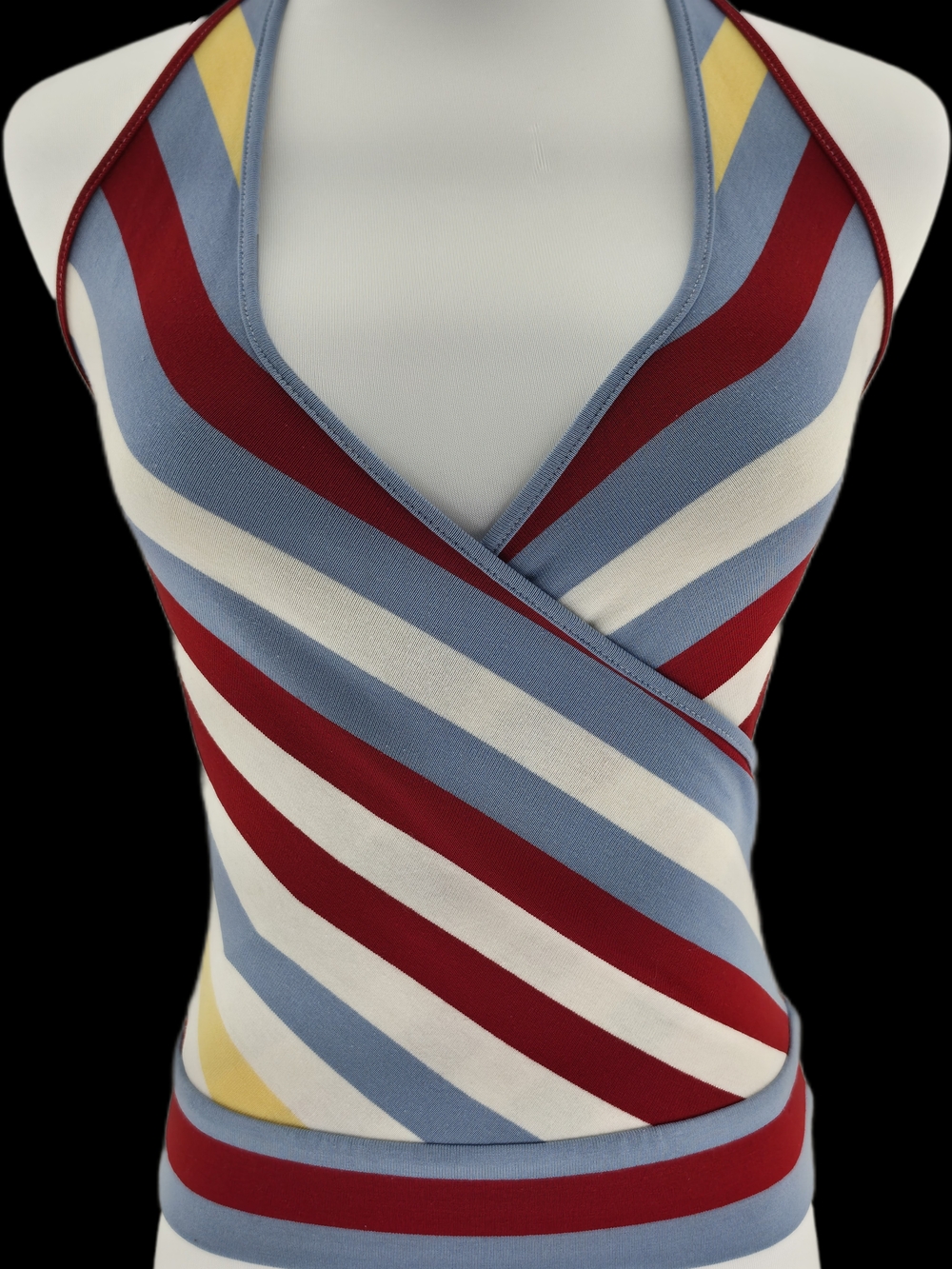 Y2K Striped Wrap Halter Tank Top in Red, Light Blue & White